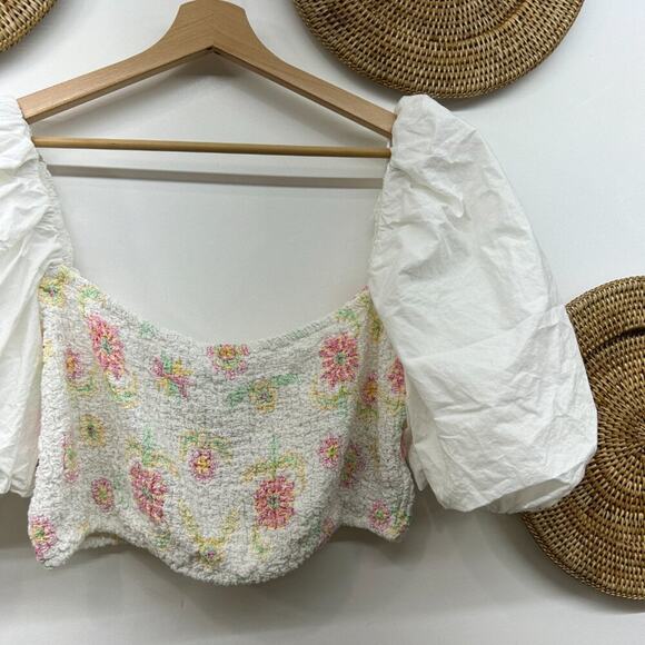 Zara White Floral Puff Sleeve Square Neck Stretch Smocked Poplin Crop Top XL - Picture 5 of 5